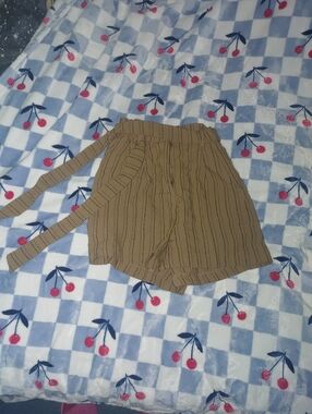 H&M Tan High-Waist Striped Paperbag Shorts